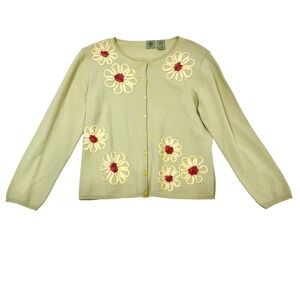 HWR VTG 90s y2k Sage Green Embroidered Floral Ribbon Applique Cardigan Sweater L